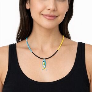 Boho Beaded Fish Charm Necklace Unisex Black Blue Yellow 18" Handmade